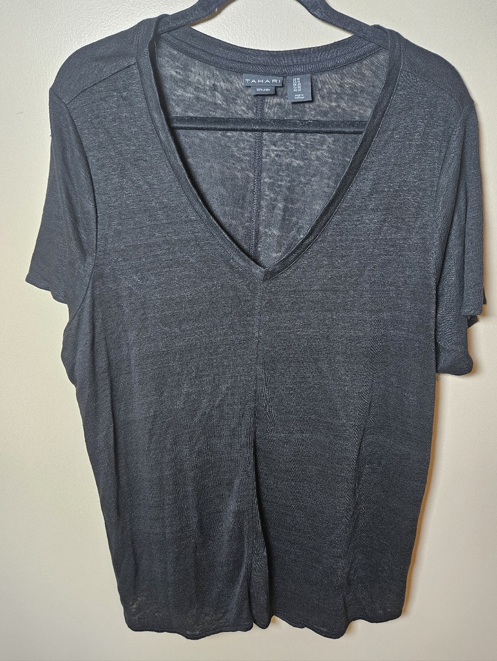 Tahari Black 100% Linen Vneck Breathable Stretch Tunic TShirt Plus 1X